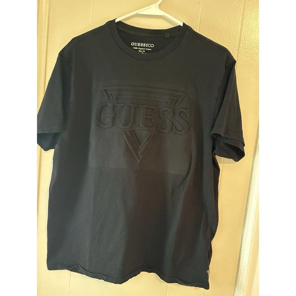 GUESS Men's L Black Solid Logo Crew Neck Short Sleeve Cotton Knit T-Shirt - Picture 3 of 5